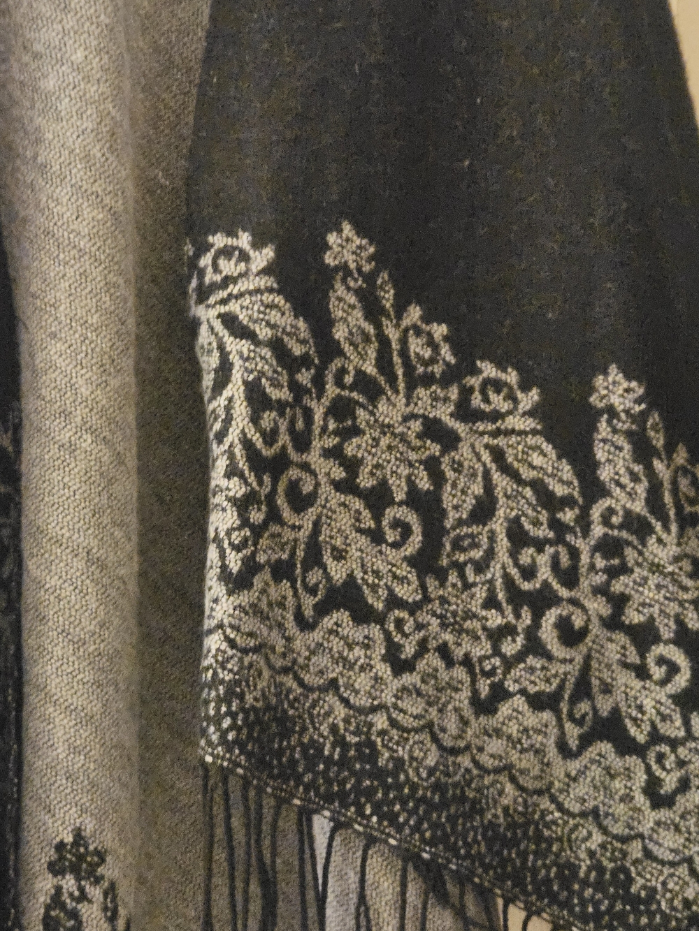 Black Grey Versatile Floral-Trim Open Shawl Poncho Cape with Boho Hippie Fringe - Picture 2 of 11